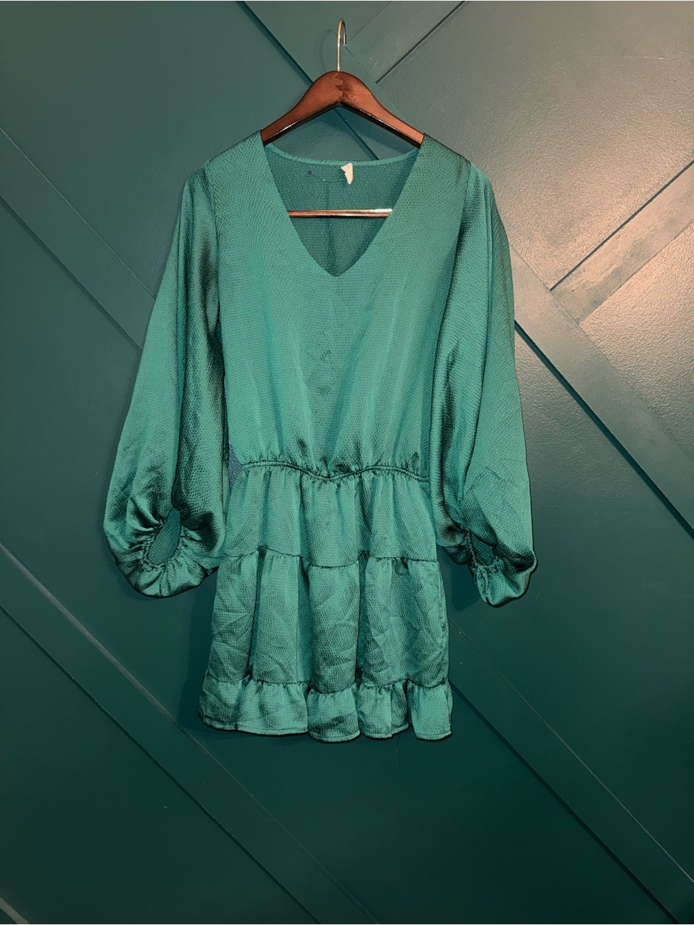 Tyche Emerald Green Satin Tiered Mini Dress Boho Romantic Boho feminine Size M